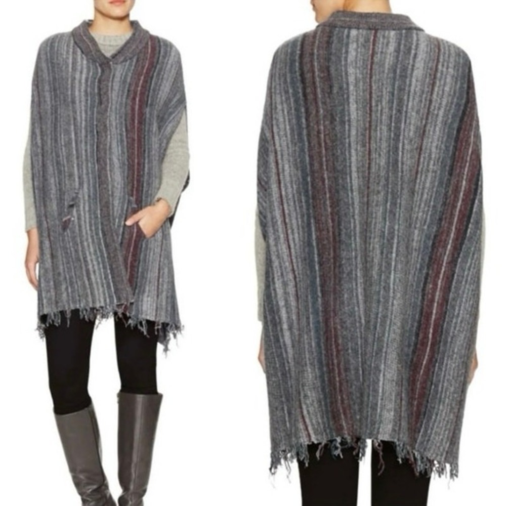 Free People Fringe Boho Blanket Poncho Sweater Duster Wrap Charcoal Gray XS/S